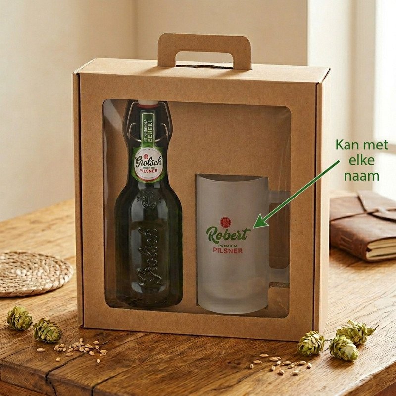 Grolsch cadeau - gepersonaliseerde bierpul met naam en beugelfles in luxe giftset